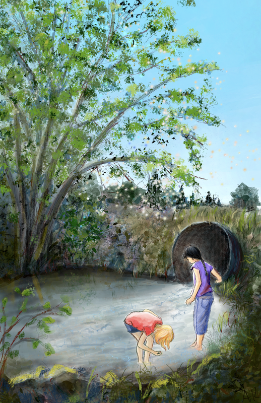 two girls wading in a stream