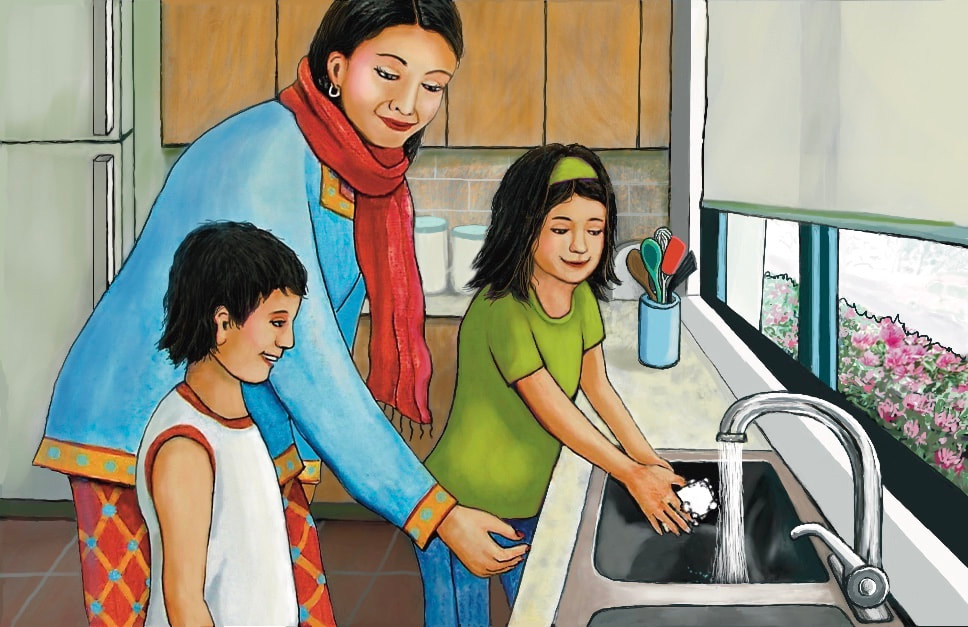 family washing hands at sink